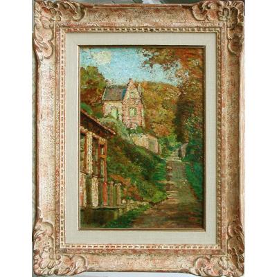 Ludovic Vallee "village Street" Oil On Cardboard 32x24